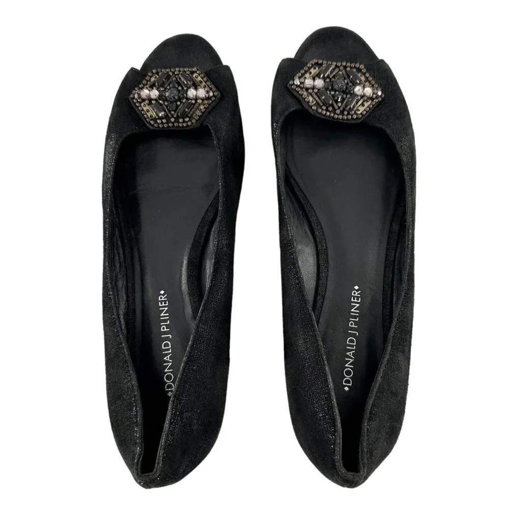 Donald J. Pliner SONET Beaded Black Suede Peep Toe Flats Size 9.5 M